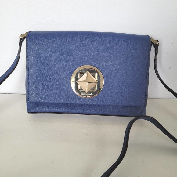 Kate Spade Newbury Sally Blue Saffiano Leather Logo Turnlock Small Bag Purse - Picture 1 of 9